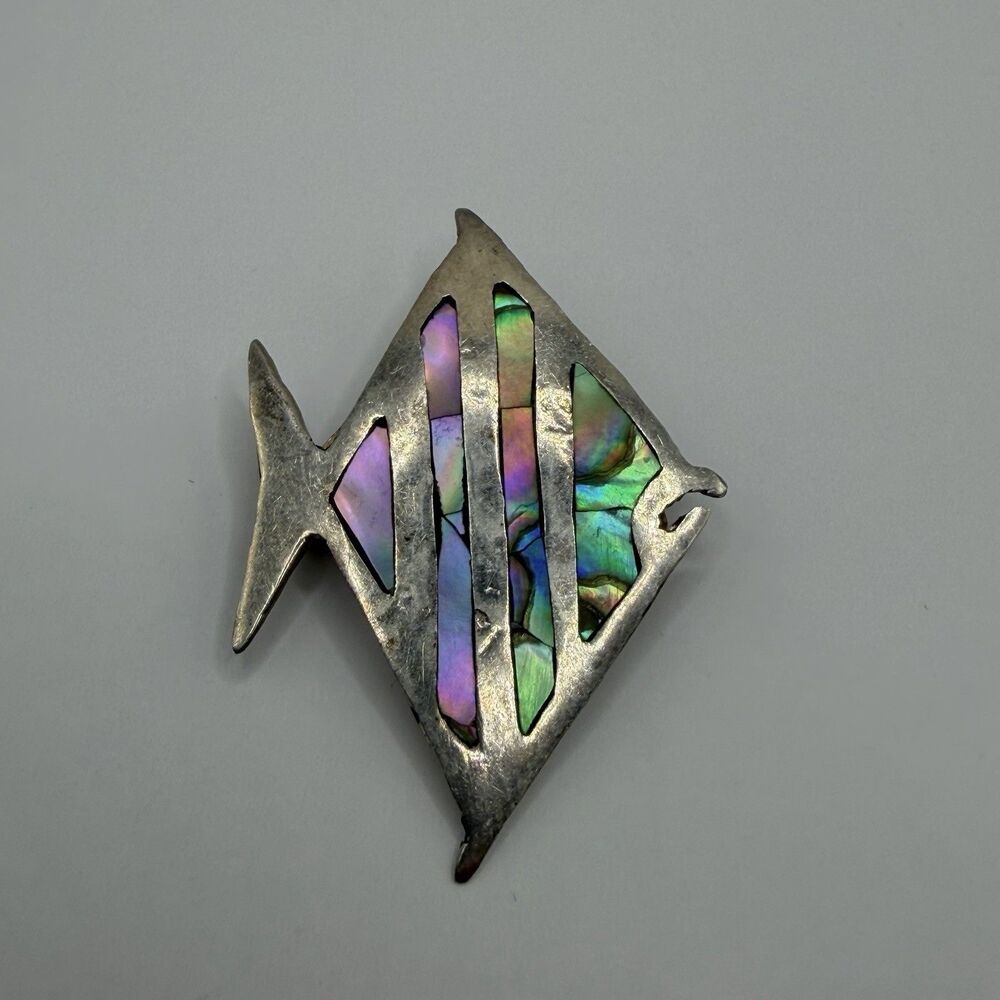 925 Sterling Silver Abalone Inlay Fish Brooch Pin 4g Iridescent Tropical